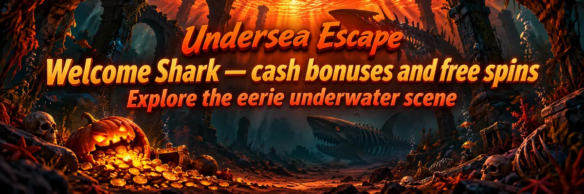 A skeletal shark swims through shadowy underwater ruins, with seaweed, skulls and a coin-filled jack-o’-lantern below.