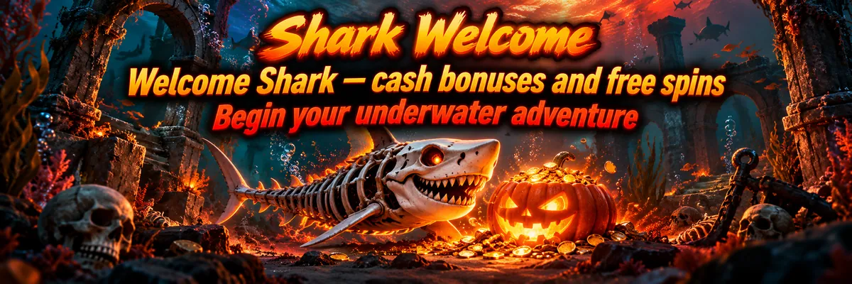 A grinning skeletal shark glides above a coin-filled jack-o’-lantern among underwater ruins.