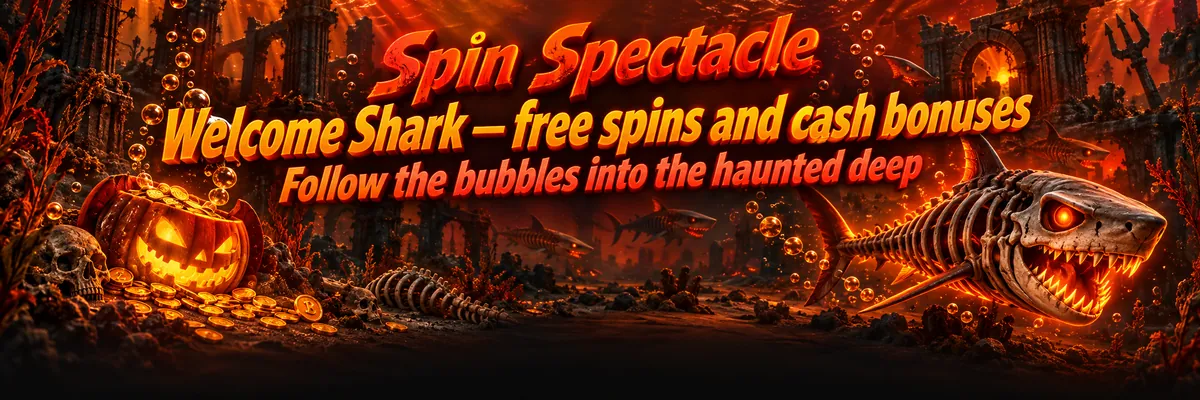 A skeletal shark sweeps past scattered bones and bubbles as coins spill from a seabed jack-o’-lantern.
